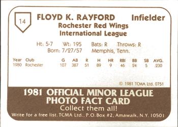 1981 TCMA Rochester Red Wings #14 Floyd Rayford Back