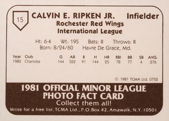 1981 TCMA Rochester Red Wings #15 Cal Ripken Jr. Back