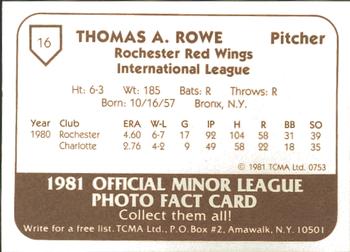 1981 TCMA Rochester Red Wings #16 Tom Rowe Back