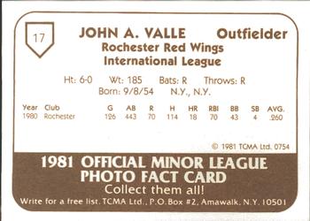 1981 TCMA Rochester Red Wings #17 John Valle Back