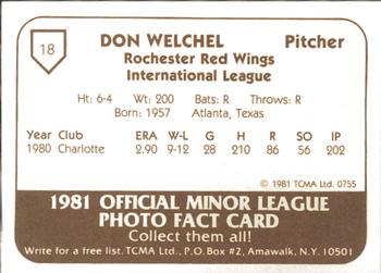 1981 TCMA Rochester Red Wings #18 Don Welchel Back