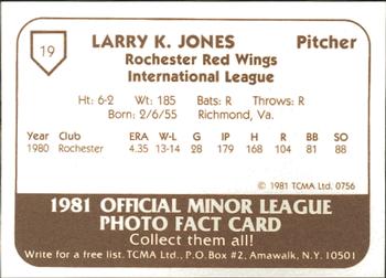 1981 TCMA Rochester Red Wings #19 Larry Jones Back