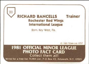 1981 TCMA Rochester Red Wings #20 Richie Bancells Back