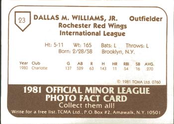 1981 TCMA Rochester Red Wings #23 Dallas Williams Back