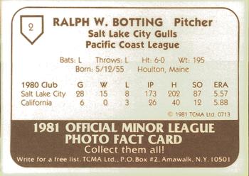 1981 TCMA Salt Lake City Gulls #2 Ralph Botting Back