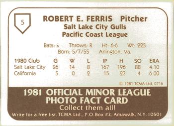 1981 TCMA Salt Lake City Gulls #5 Bob Ferris Back