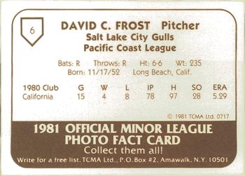 1981 TCMA Salt Lake City Gulls #6 Dave Frost Back