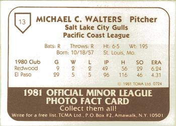 1981 TCMA Salt Lake City Gulls #13 Mike Walters Back