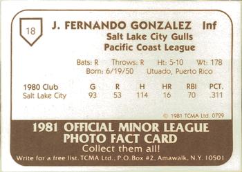 1981 TCMA Salt Lake City Gulls #18 Fernando Gonzalez Back