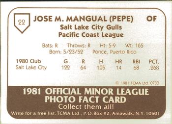 1981 TCMA Salt Lake City Gulls #22 Pepe Mangual Back