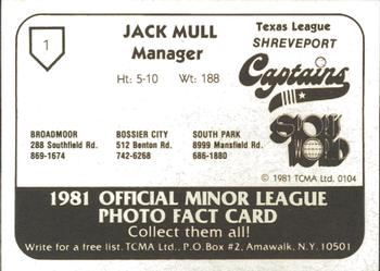 1981 TCMA Shreveport Captains #1 Jack Mull Back