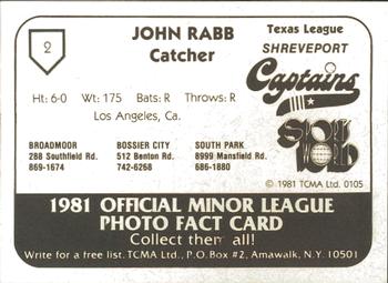 1981 TCMA Shreveport Captains #2 John Rabb Back