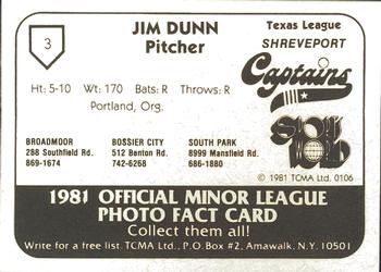 1981 TCMA Shreveport Captains #3 Jim Dunn Back