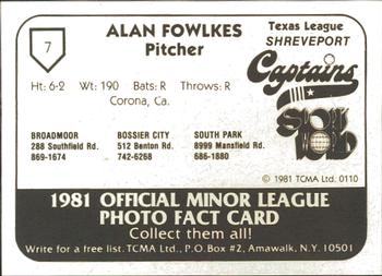 1981 TCMA Shreveport Captains #7 Alan Fowlkes Back