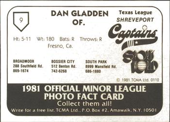 1981 TCMA Shreveport Captains #9 Dan Gladden Back