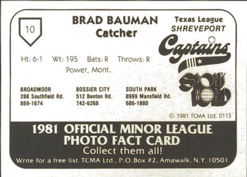 1981 TCMA Shreveport Captains #10 Brad Bauman Back