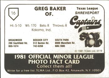 1981 TCMA Shreveport Captains #16 Greg Baker Back