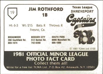 1981 TCMA Shreveport Captains #19 Jim Rothford Back