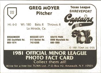 1981 TCMA Shreveport Captains #22 Greg Moyer Back