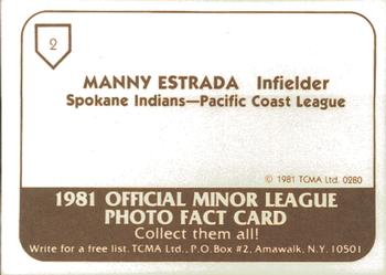 1981 TCMA Spokane Indians #2 Manny Estrada Back