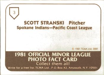 1981 TCMA Spokane Indians #3 Scott Stranski Back