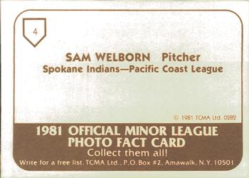 1981 TCMA Spokane Indians #4 Sam Welborn Back
