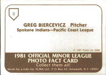 1981 TCMA Spokane Indians #8 Greg Biercevicz Back