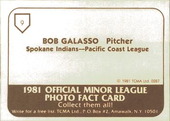 1981 TCMA Spokane Indians #9 Bob Galasso Back