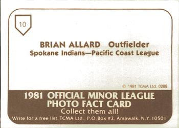 1981 TCMA Spokane Indians #10 Brian Allard Back