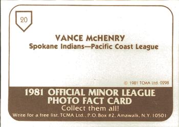 1981 TCMA Spokane Indians #20 Vance McHenry Back