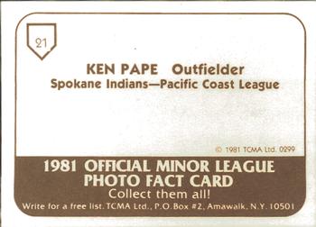 1981 TCMA Spokane Indians #21 Ken Pape Back