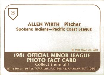 1981 TCMA Spokane Indians #25 Alan Wirth Back