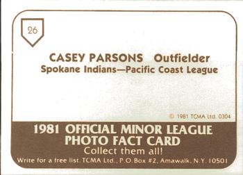 1981 TCMA Spokane Indians #26 Casey Parsons Back
