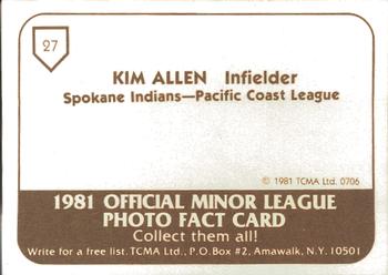 1981 TCMA Spokane Indians #27 Kim Allen Back