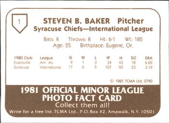 1981 TCMA Syracuse Chiefs #1 Steve Baker Back