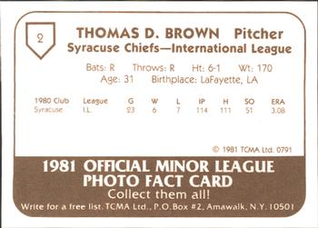 1981 TCMA Syracuse Chiefs #2 Tom Brown Back