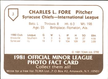 1981 TCMA Syracuse Chiefs #3 Chuck Fore Back
