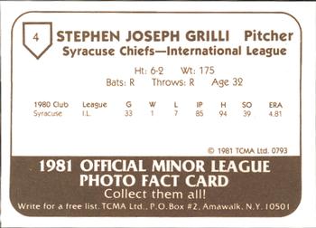 1981 TCMA Syracuse Chiefs #4 Steve Grilli Back