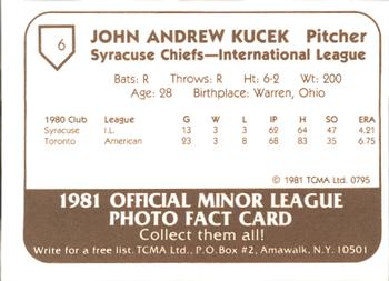 1981 TCMA Syracuse Chiefs #6 Jack Kucek Back