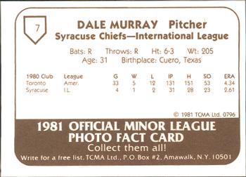 1981 TCMA Syracuse Chiefs #7 Dale Murray Back