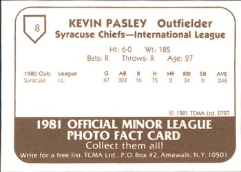 1981 TCMA Syracuse Chiefs #8 Kevin Pasley Back