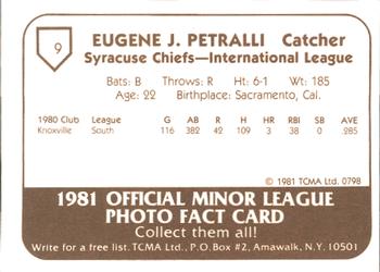 1981 TCMA Syracuse Chiefs #9 Geno Petralli Back