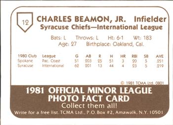 1981 TCMA Syracuse Chiefs #12 Charlie Beamon Back