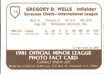 1981 TCMA Syracuse Chiefs #16 Greg Wells Back