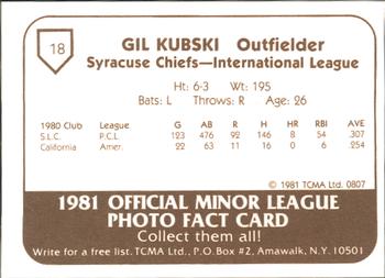 1981 TCMA Syracuse Chiefs #18 Gil Kubski Back