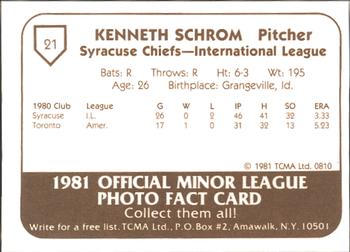 1981 TCMA Syracuse Chiefs #21 Ken Schrom Back