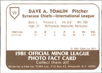 1981 TCMA Syracuse Chiefs #22 Dave Tomlin Back