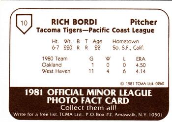 1981 TCMA Tacoma Tigers #10 Rich Bordi Back