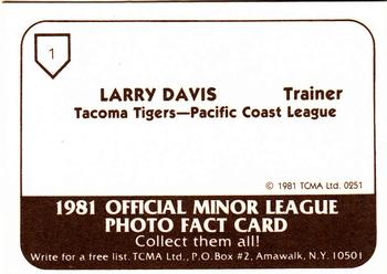 1981 TCMA Tacoma Tigers #1 Larry Davis Back