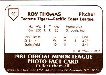 1981 TCMA Tacoma Tigers #20 Roy Thomas Back